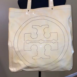 Tory Burch Patent Leather Double Handle Perforated Logo Tote Bag